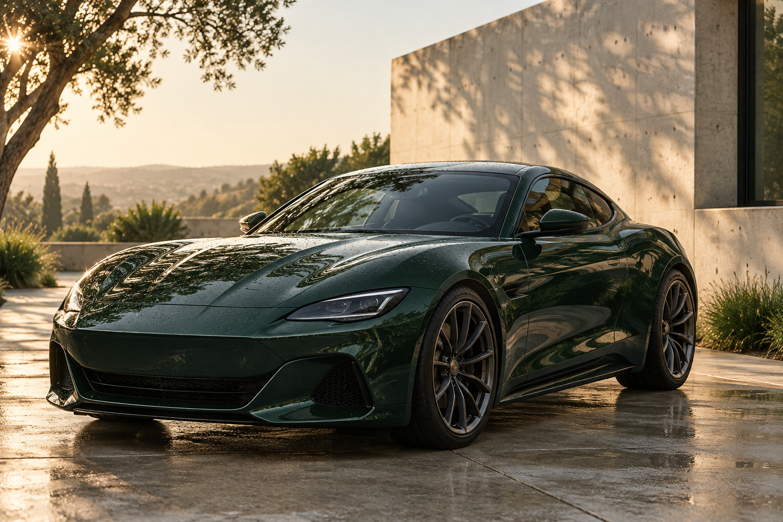 Illustrative dark green coupe with clean, reflective bodywork on a sunny driveway